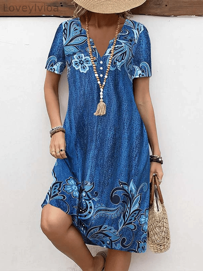 Women's Vintage Floral Print V-Neck Button-Up Dress