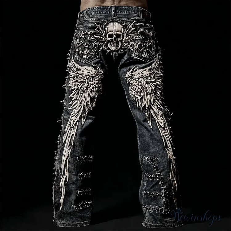 Men's Skull & Wings Rock Studded Washed Bootcut Jeans