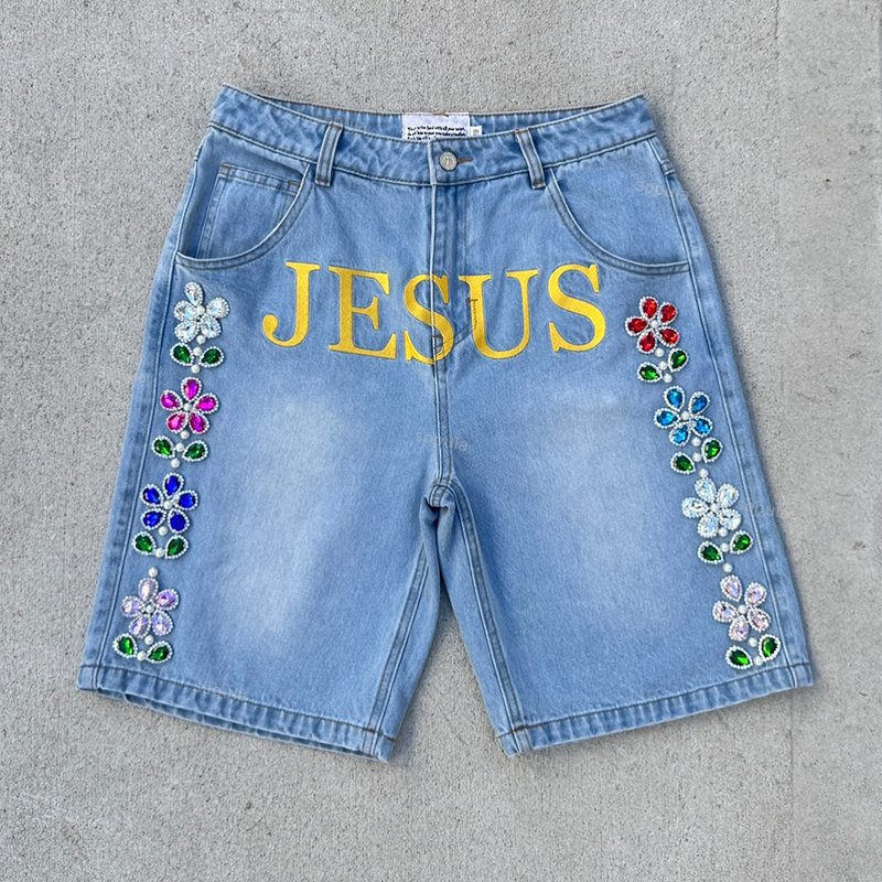 Vintage Jesus Embroidered Hand Crafted Pearls & Stones Denim Shorts