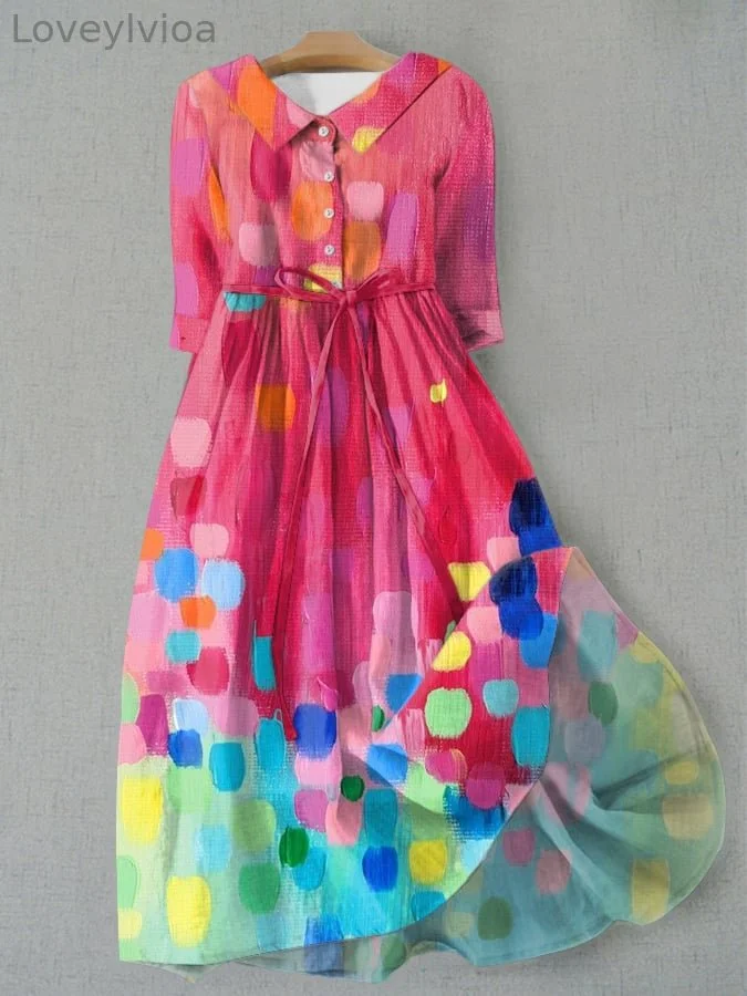 Women's Vintage Graphic Print Lapel Waist Tie-Up Dress