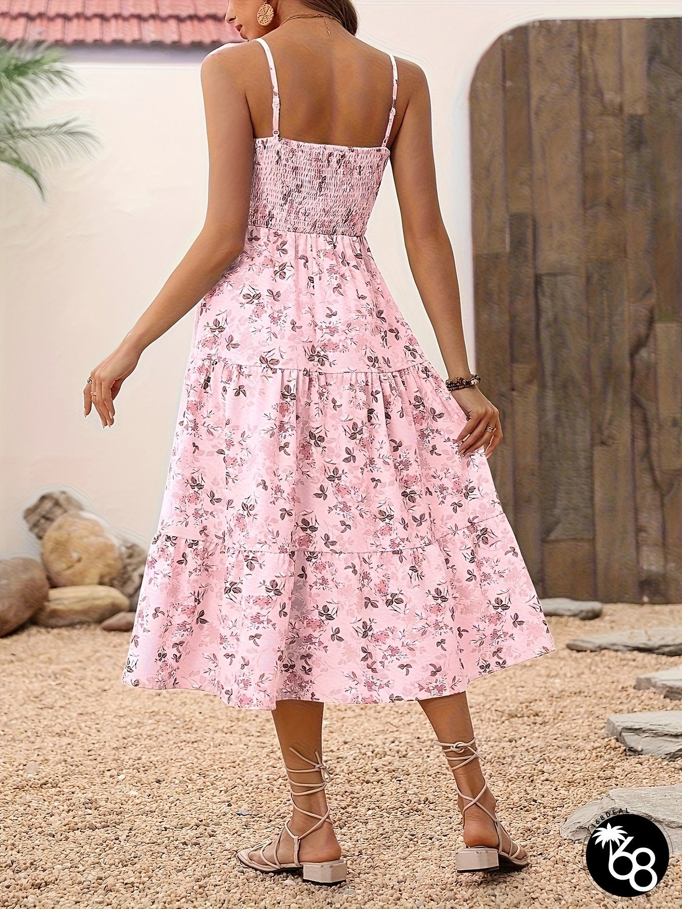 Elegant Floral Print Midi Dress with Tiered Skirt Off-shoulder Ruffled Hem Polyester | 168DEAL