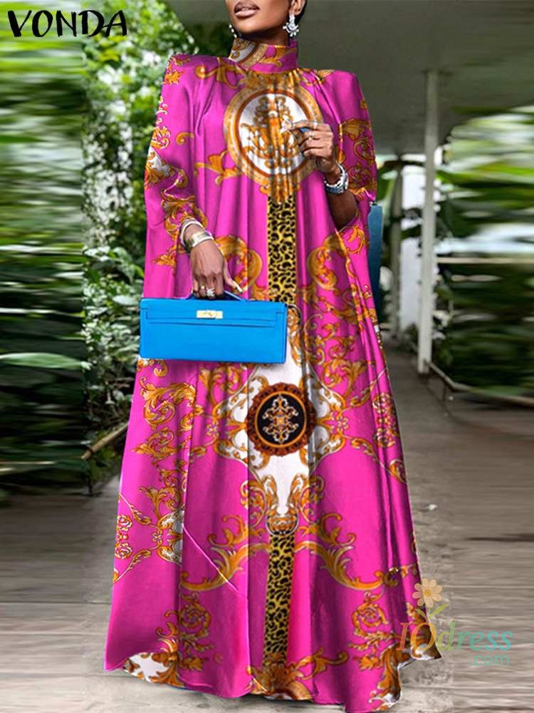 IO Dress Plus Size 5XL VONDA Women Party Sundress Bohemian Stand Collar Sleeveless Print Maxi Dress Casual Bat Sleeve Satin Long Vestidos IO Dress