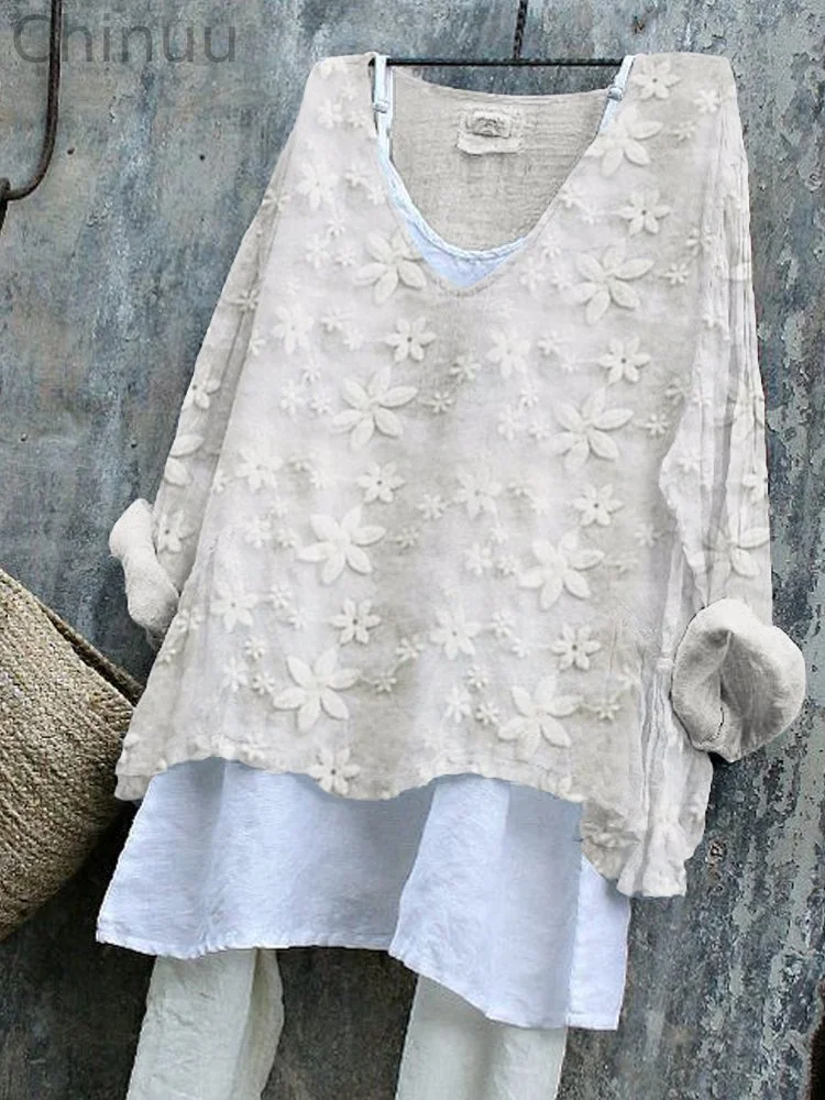 Floral Lace Embroidered Linen Blend Tunic