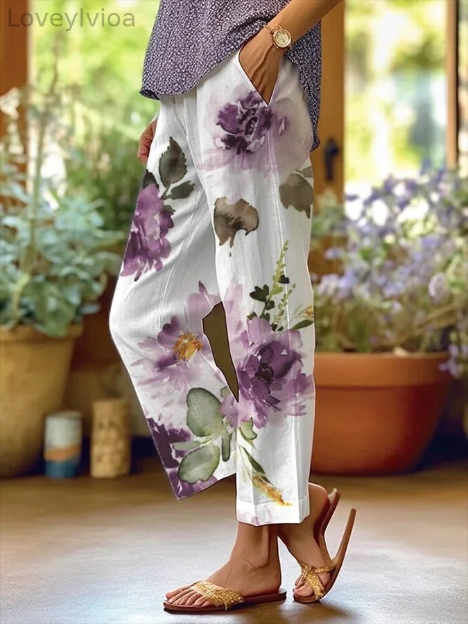 Women's Art Floral Loose  Pockets Casual Pants