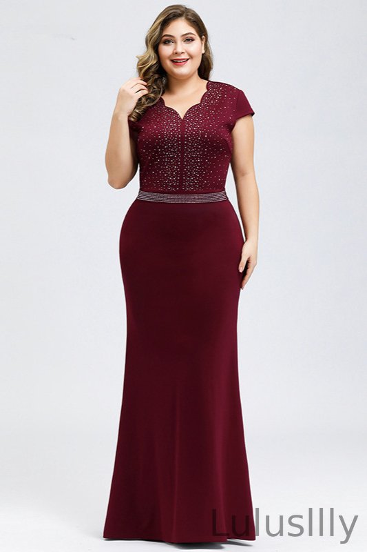 Glamorous Cap Sleeve Mermaid Prom Dress Long Plus Size Evening Gowns With Beadings - lulusllly