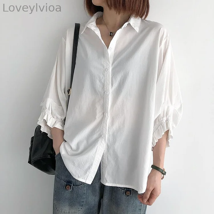 Women‘s Casual Stringy Selvedge Pleated Button Shirt