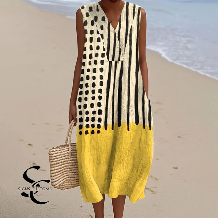 Women's Vintage Abstract Geometric Art Print Sleeveless Cotton Pocket Wrap V Neck Dress