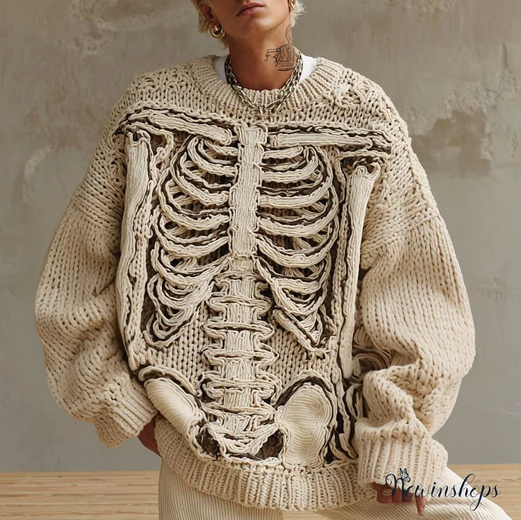 Retro Halloween Skeleton Bones Art Chunky Knitted Sweater