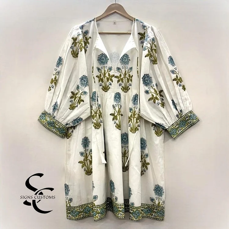 Floral Hand Block Print Woman Midi Dress &ndash; Boho Cotton Tunic with String Closure & Lining