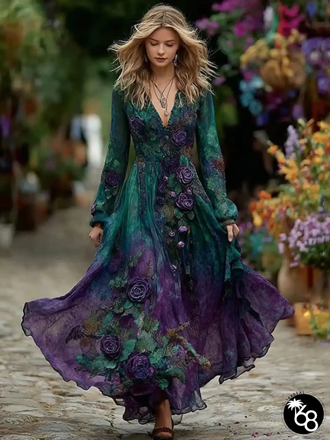 Womens Bohemian Maxi Dress with Puff Sleeves A-Line Silhouette Multi-Color Options V-Neck | 168DEAL
