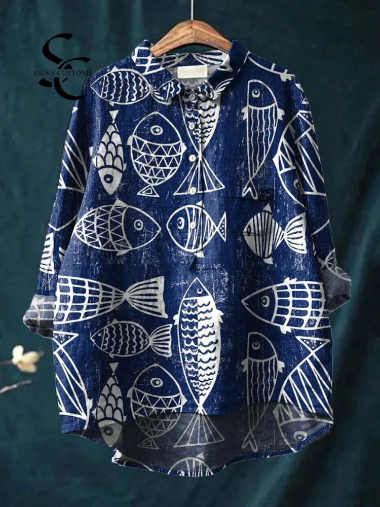 Women's Fish Art Print Casual Cotton And Linen Shirt