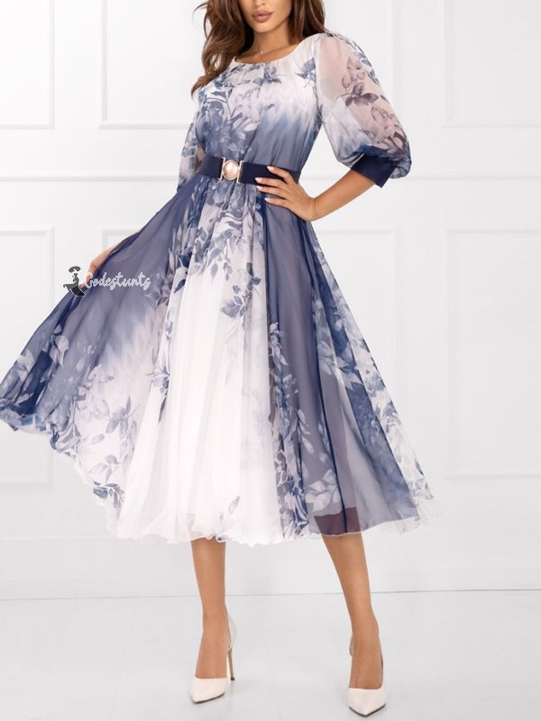 Ink Print Waist-hugging Style Women's Dress