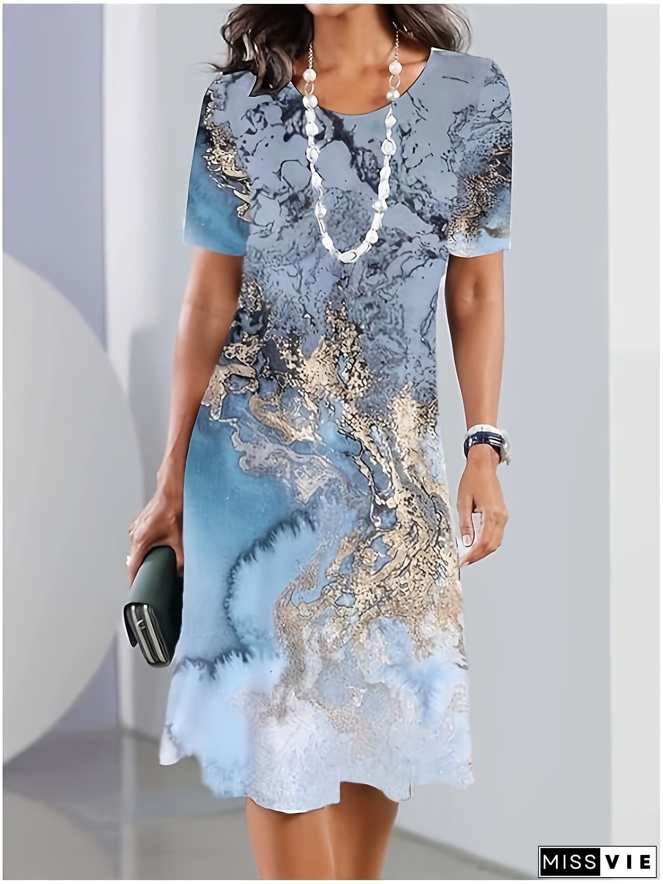 Women's Casual Marble Print Dress - Blue & Golden Gradient Fitted Round Neck Short Sleeve, Machine Washable All-Season Versatile Outfit For Casual & Formal Events, Formfitting Silhouette