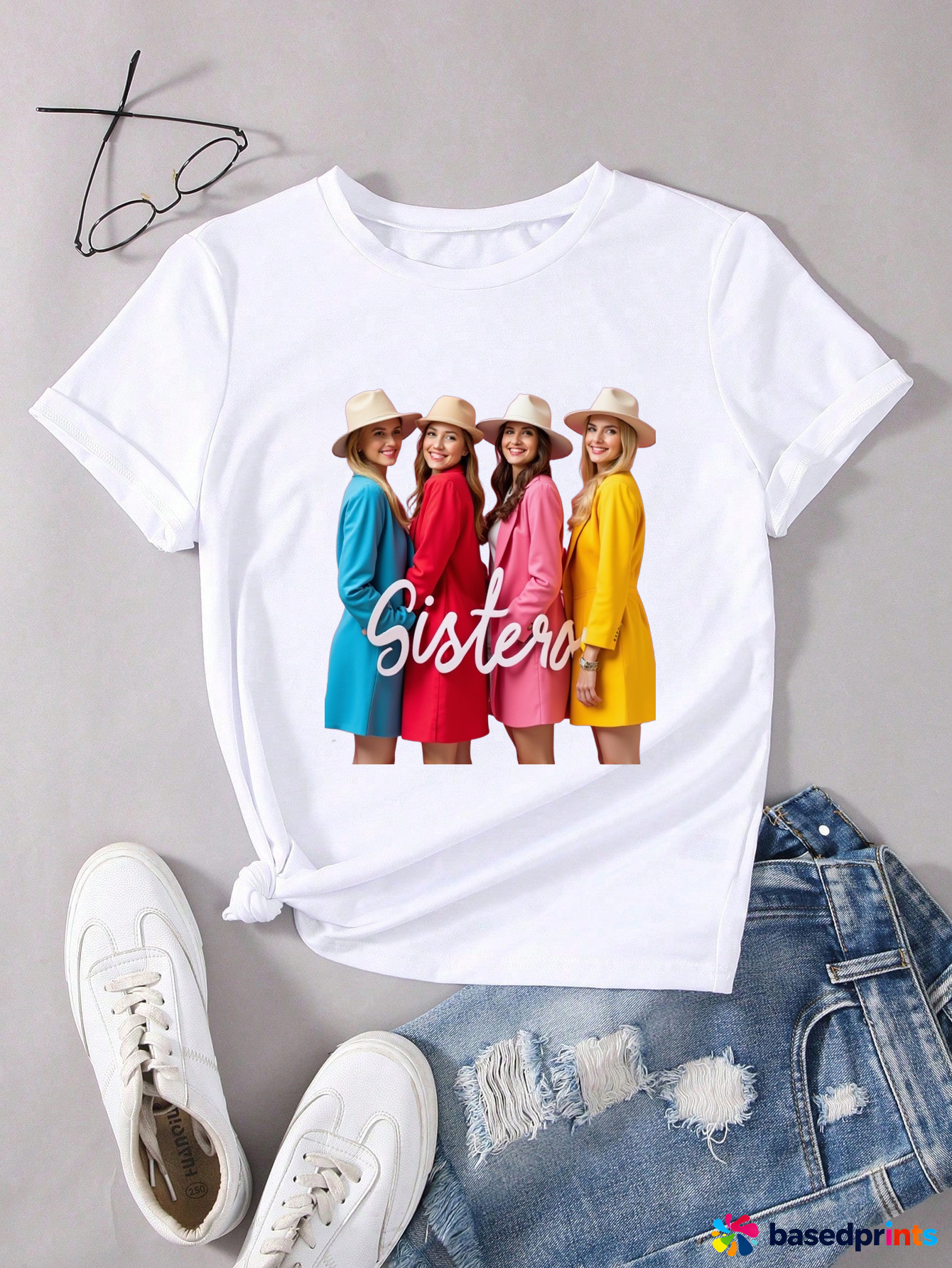 White T-Shirt with Colorful Sisters Print