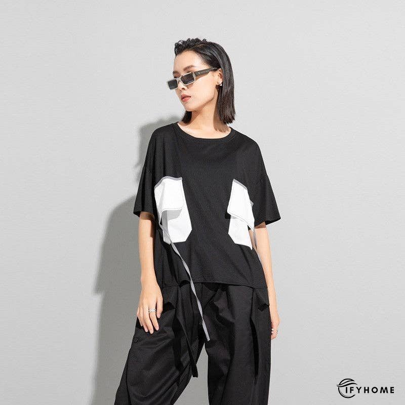 Color Block Personality Ribbon Short Sleeve T-Shirt | IFYHOME