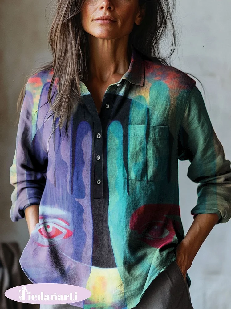 Women's Abstract Psychedelic Palm Art Print Casual Cotton And Linen Shirt