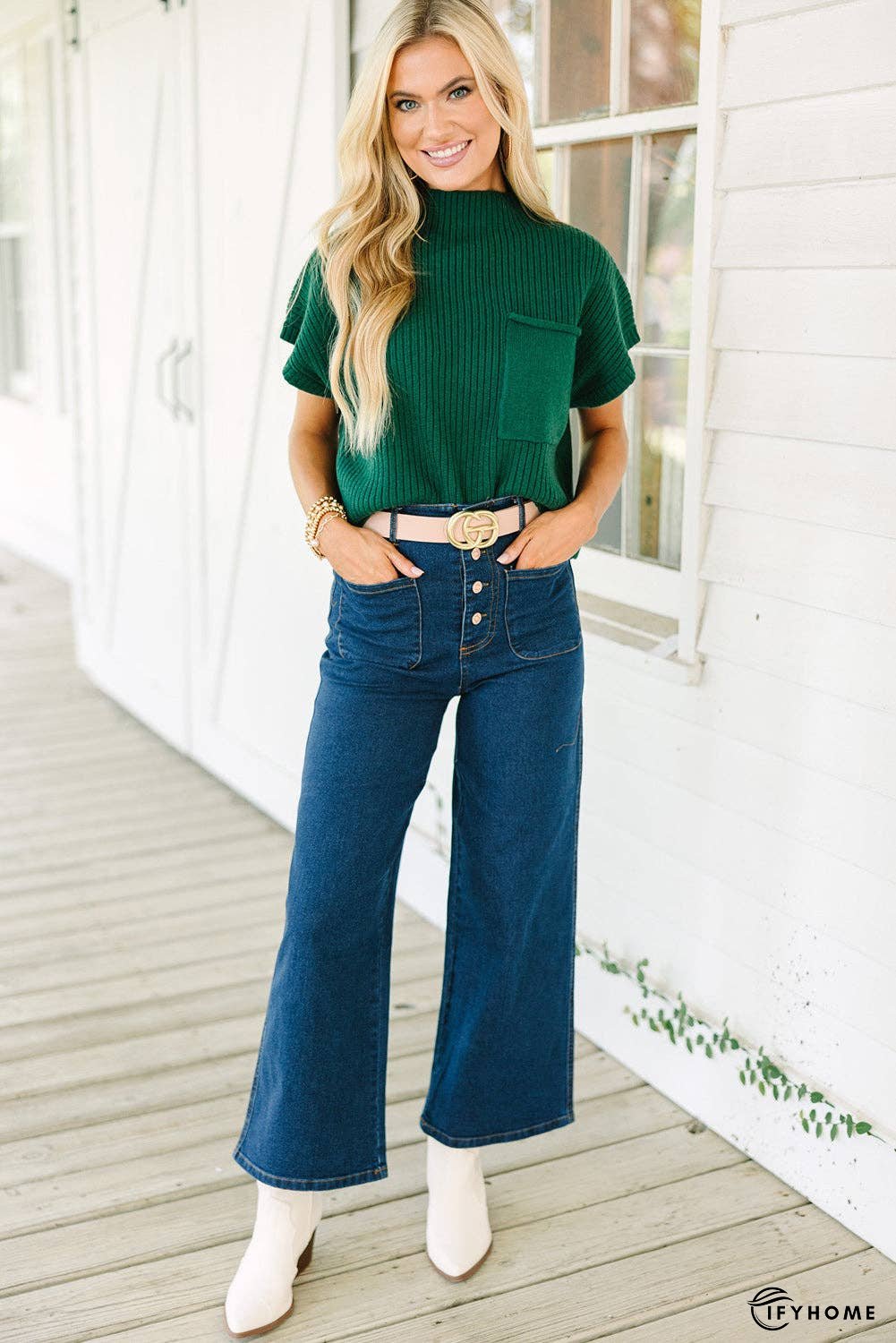 Oatmeal Patch Pocket Ribbed Knit Short Sleeve Sweater | IFYHOME