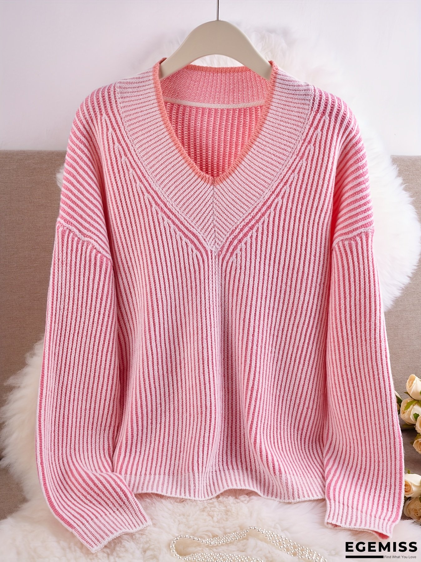 Chic Pullover Sweater with V-Neck, Striped Color Block Design, Loose Fit for Women | EGEMISS
