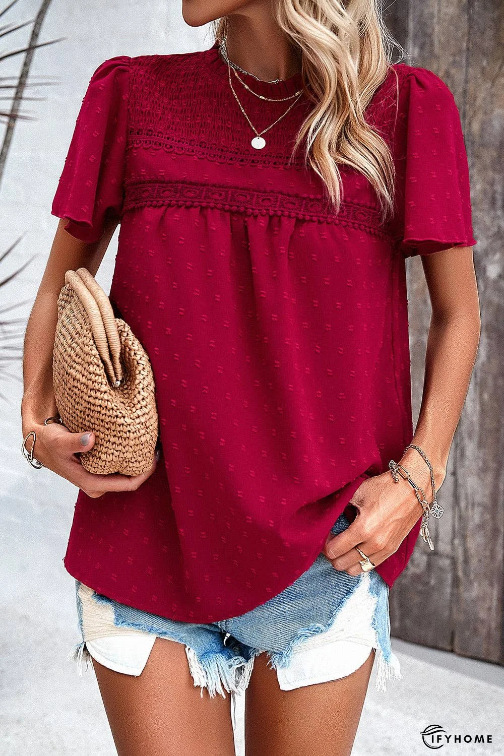 Swiss Dot Smocked Round Neck Short Sleeve Blouse | IFYHOME