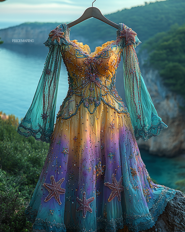 Summer Vacation Starfish Gradient Beaded Chiffon Dress 728d