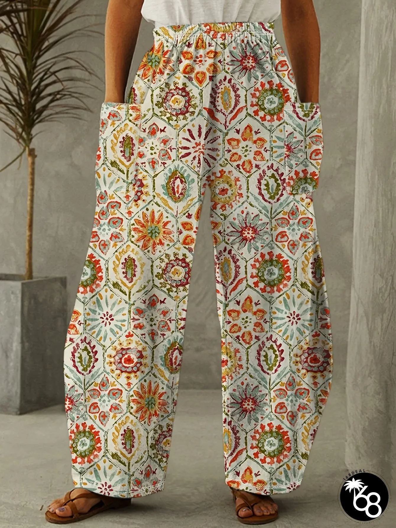 Boho Chic Summer Womens Loose-Fit Floral Print Pants Vibrant Geometric Design High-Waisted | 168DEAL