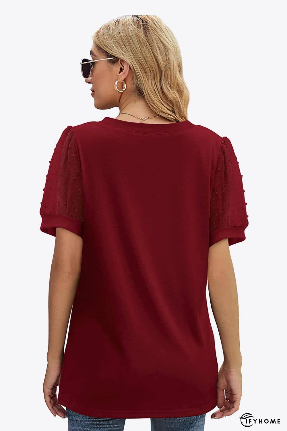 Swiss Dot Puff Sleeve V-Neck Tee | IFYHOME