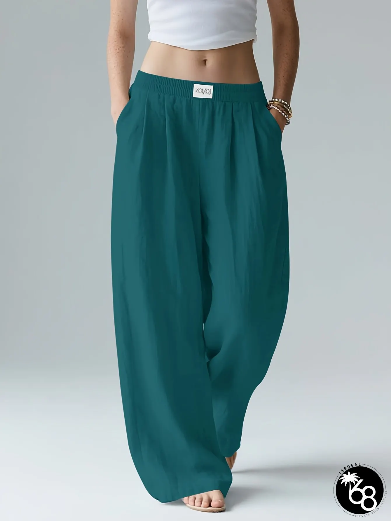 Womens Lightweight Linen Wide Leg Palazzo Pants Elastic Waist with Pockets Flowy Maxi | 168DEAL