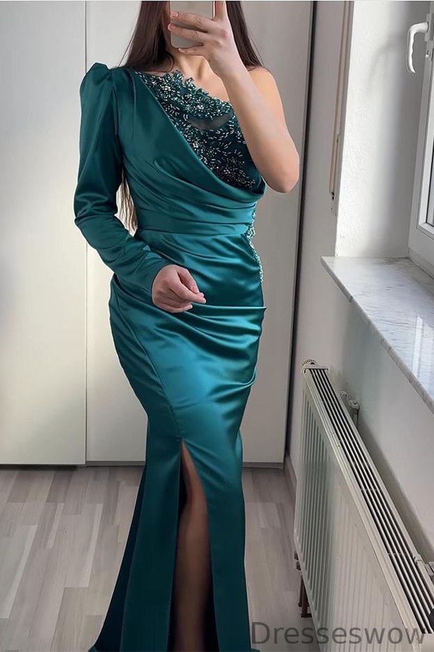 Dresseswow One Shoulder Long Sleeves Mermaid Evening Dress Split With Beadings