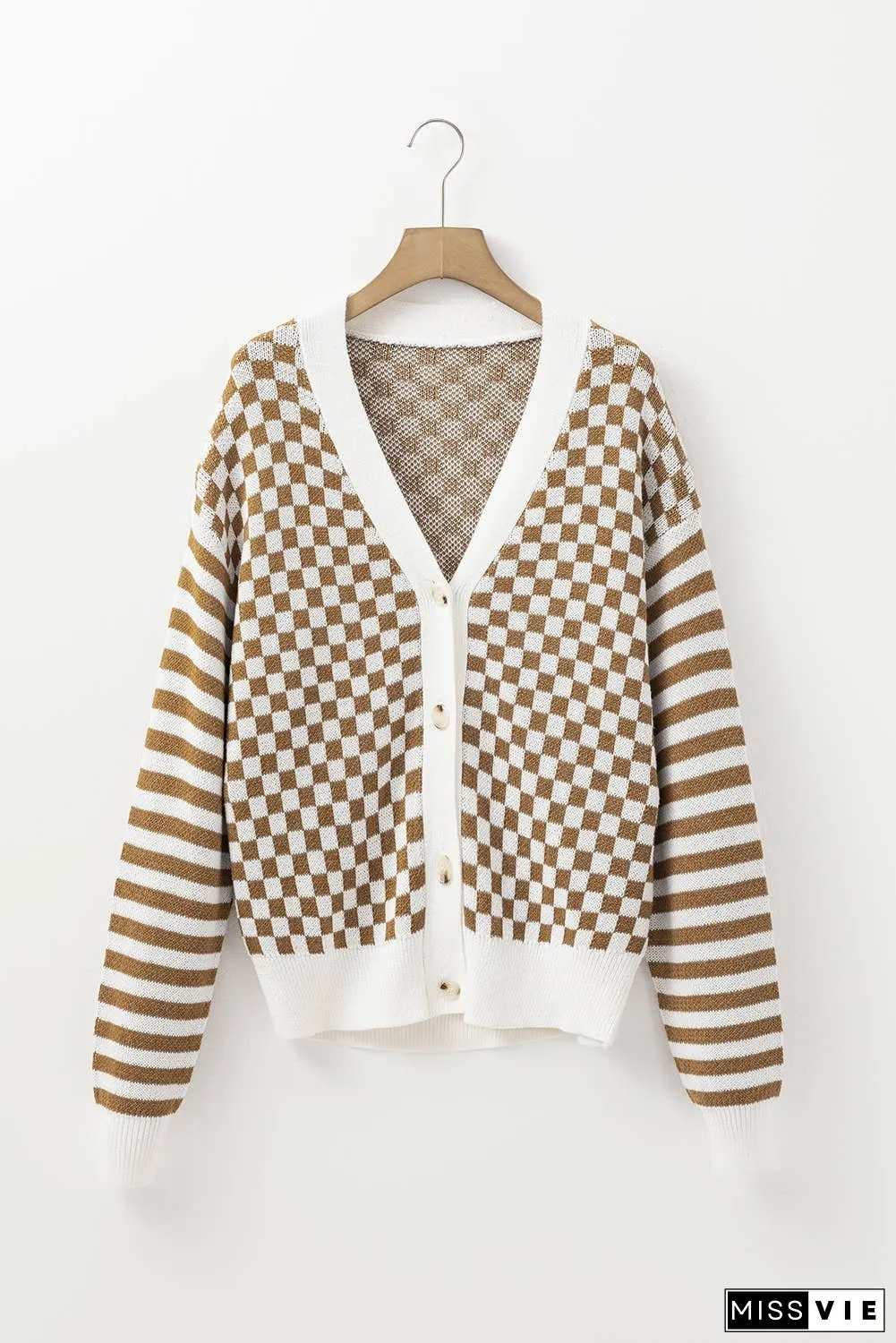 Checkered Striped Patched Buttoned V Neck Cardigan