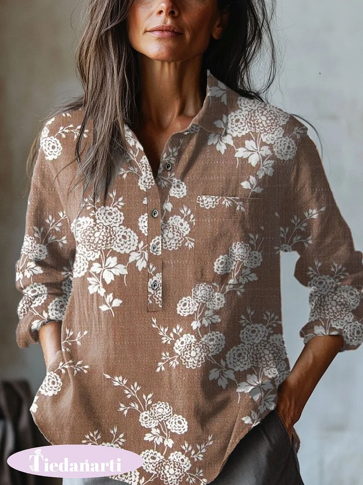 Women's   Floral  Art Print Casual Cotton And Linen Shirt
