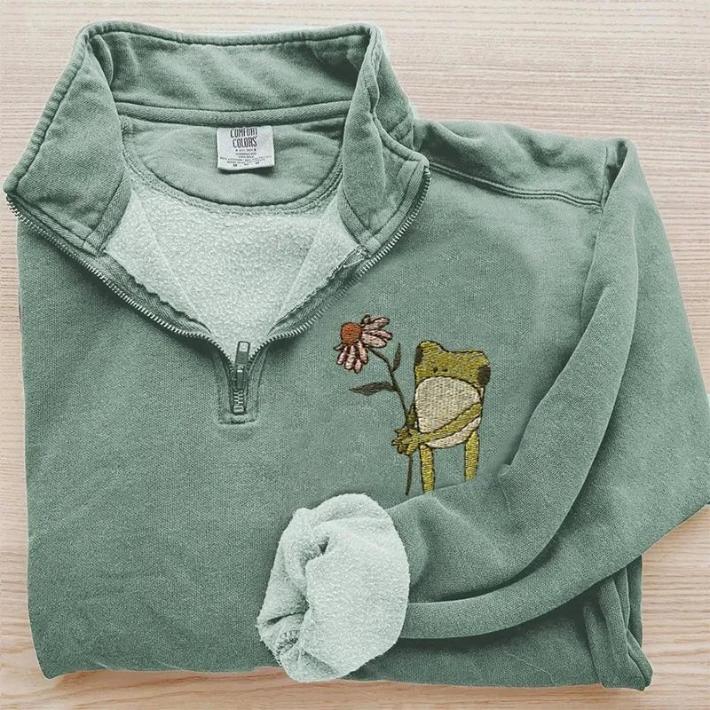 Eagerlys Flower Frog Embroidered Zip Sweatshirt Eagerlys