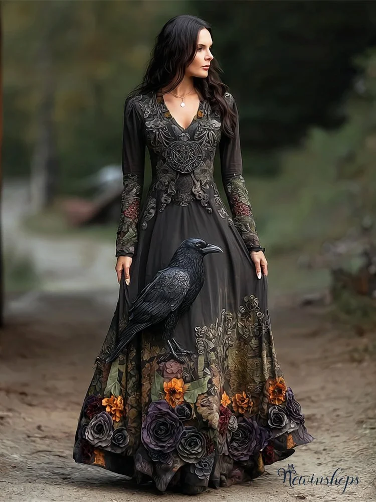Halloween Crow & Rose Dark Witch Art Women's V-neck Long-sleeve Maxi Dress