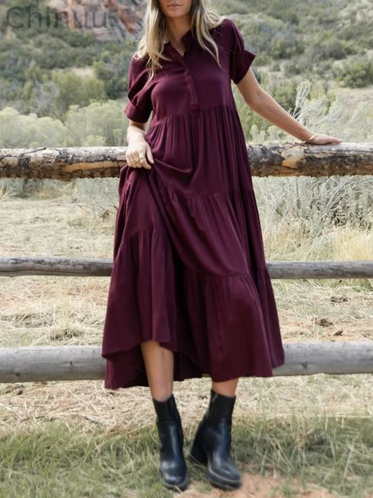 Women's Vintage Solid Color Button Short Sleeve Pleated  Dress