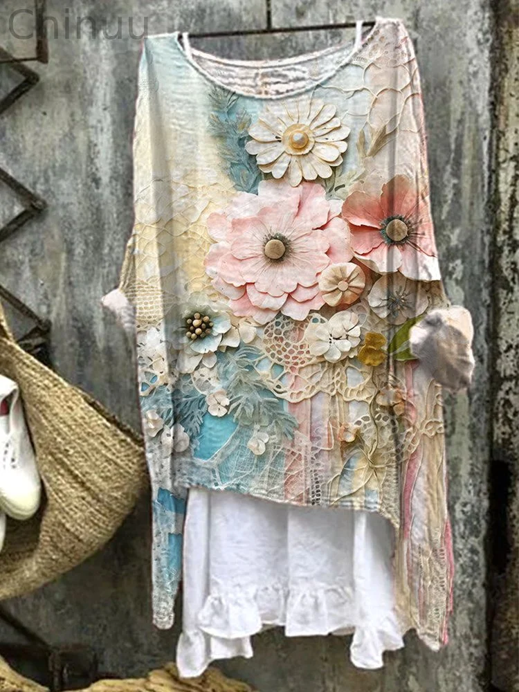 Vintage Floral Linen Blend Comfort Shirt
