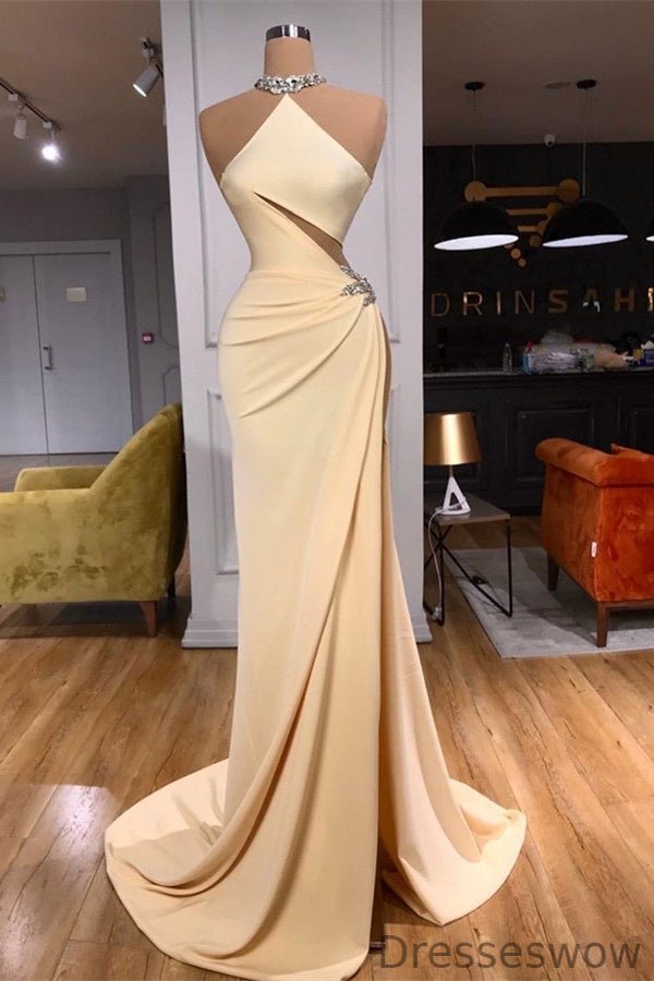 Dresseswow Champagne Halter Prom Dress Mermaid Sleeveless With Crystals