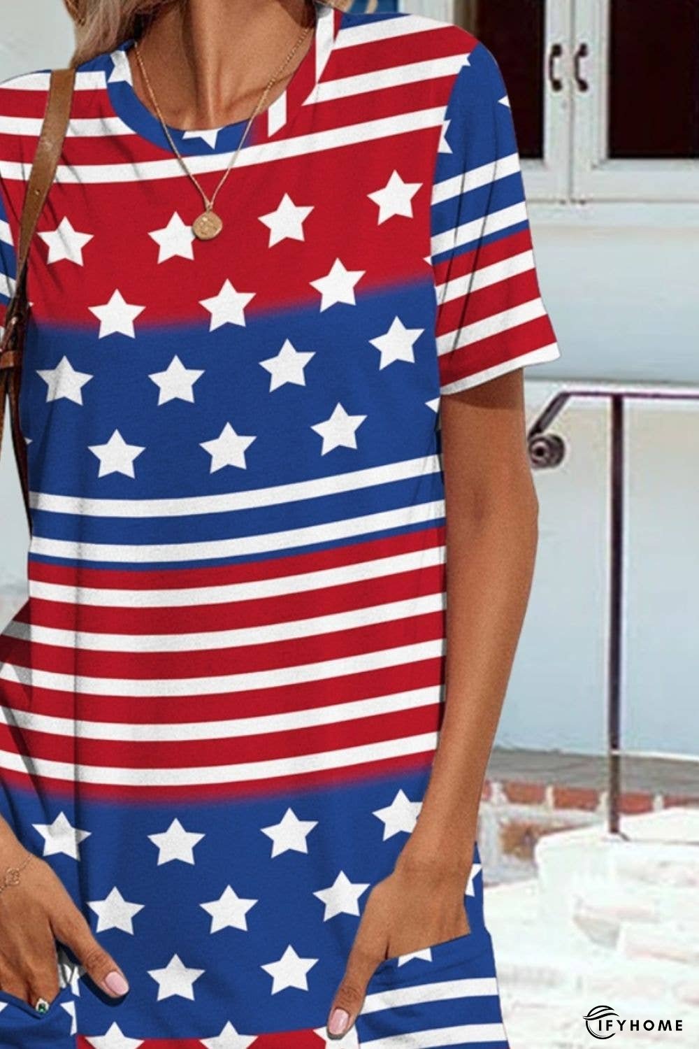 Pocketd US Flag Printed Short Sleeve Dress | IFYHOME