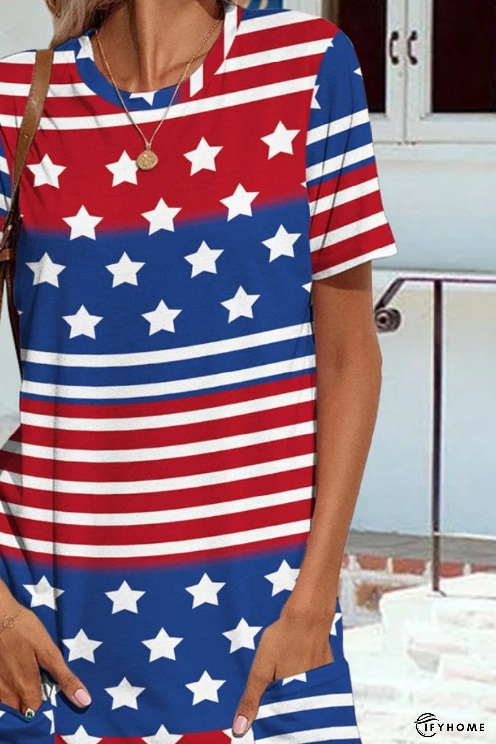 Pocketd US Flag Printed Short Sleeve Dress | IFYHOME