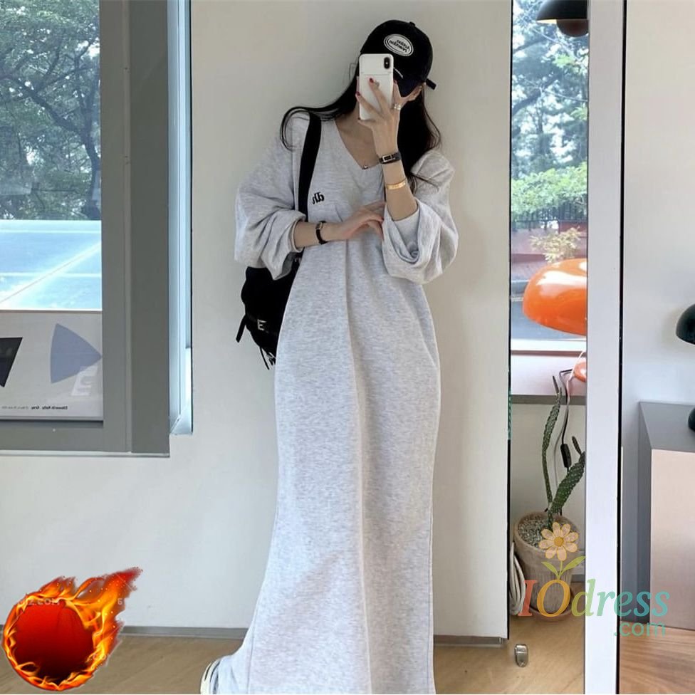 IO Dress Fashion Lazy Wind Dresses Autumn Winter New Women V-Neck Embroidery Plus Velvet Long Sleeve A-line Ankle-Length Sweatshirt Dress
