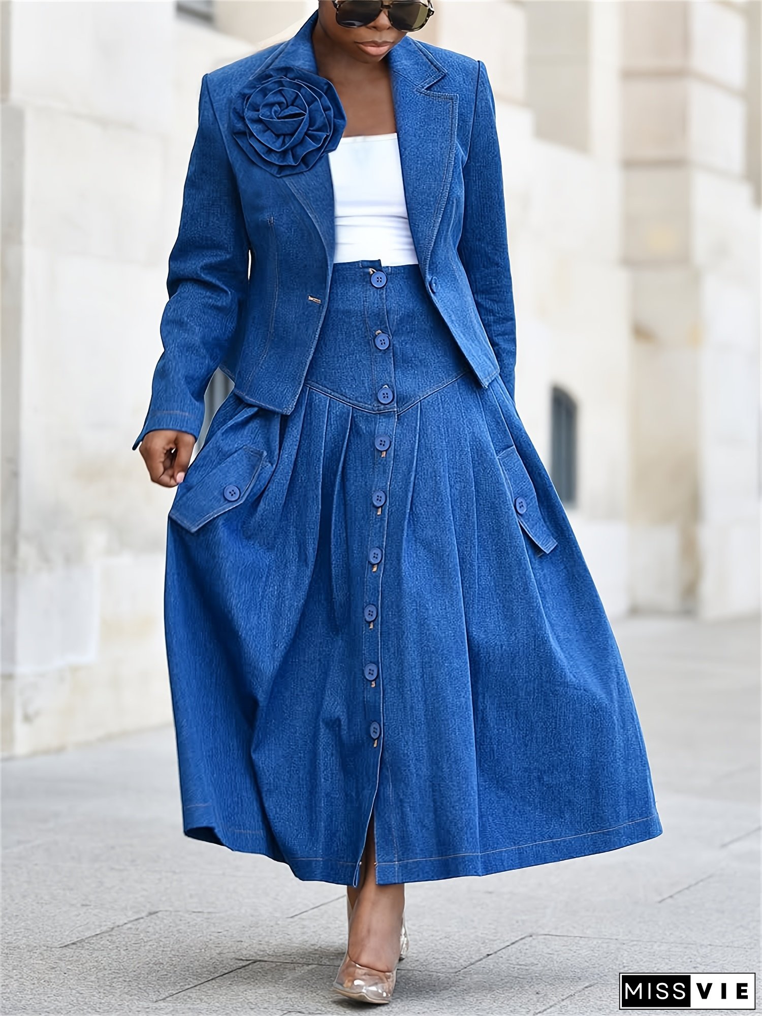 GLOURI Denim Skirt Suit for Women, Designer Applique Jean Blazer And Pleated Skirt Two Pieces Set, Business Casual Outfits, Front-breasted, High-rise, Pockets, Lapel Collar, Long Sleeves, Elegant