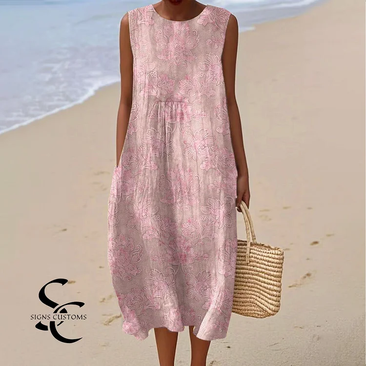 Women's Vintage Floral Art Print Sleeveless Cotton Pocket Wrap Dress