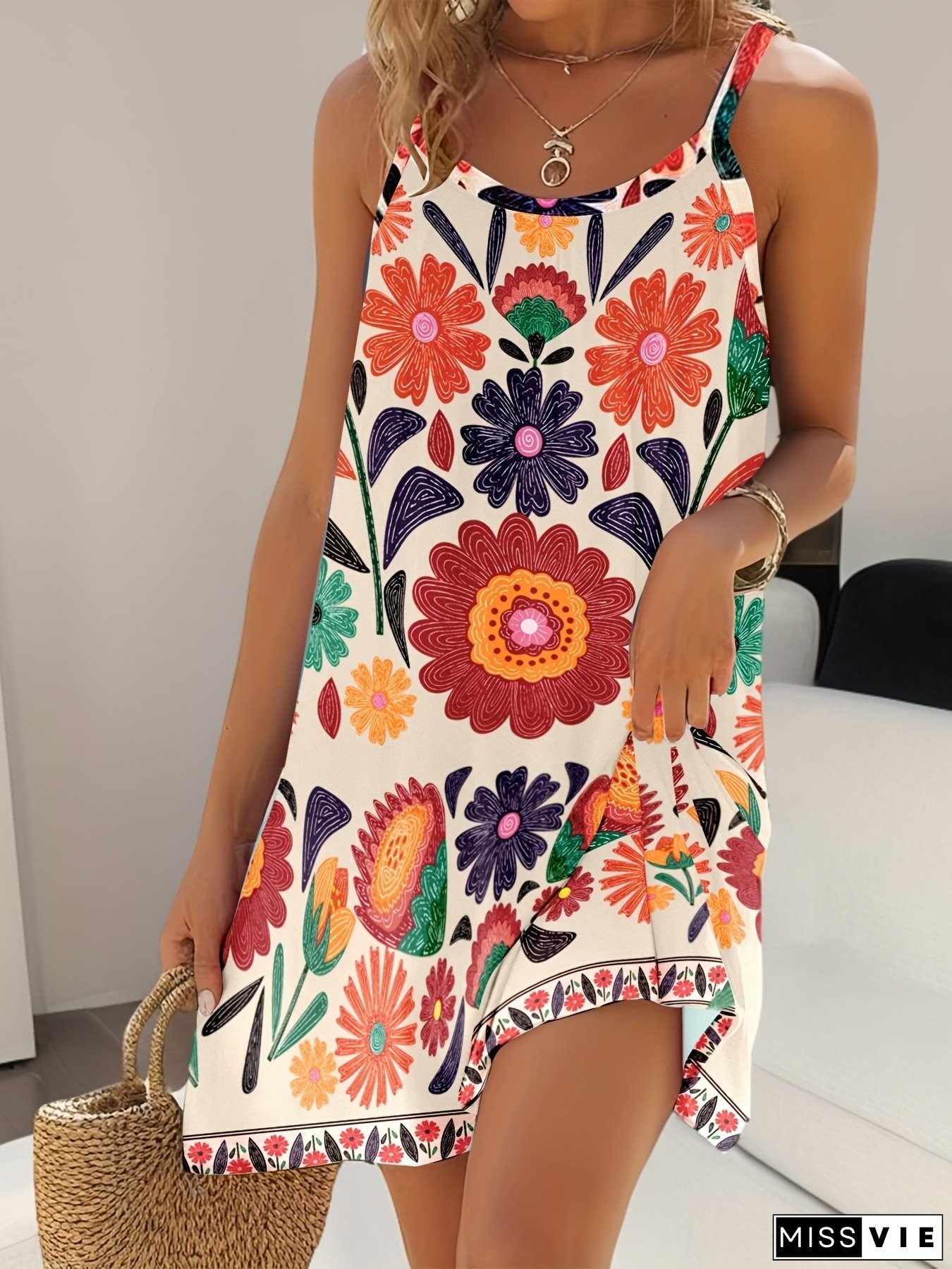 Vibrant Floral Print Sleeveless A-Line Dress For Women - Colorful Flower Design With Black Accents, Polyester Blend, Perfect For Spring/Summer Outdoor Gatherings, Casual Summer Wear | Vibrant Sundress | Polyester Blend Dress, Floral Dress