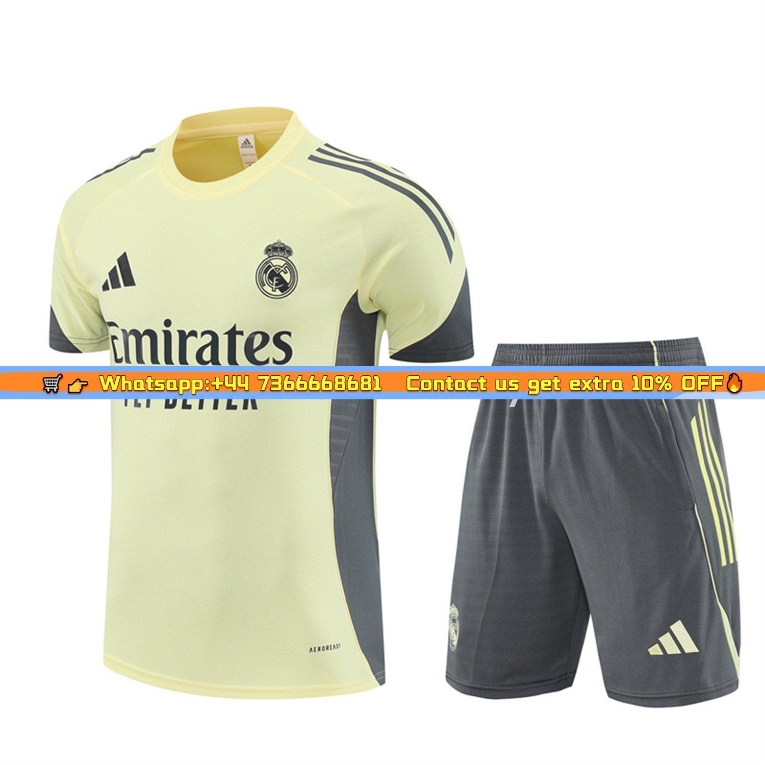 Real Madrid 25-26 Short-Sleeve Training Set - Yellow Top and Grey Shorts
