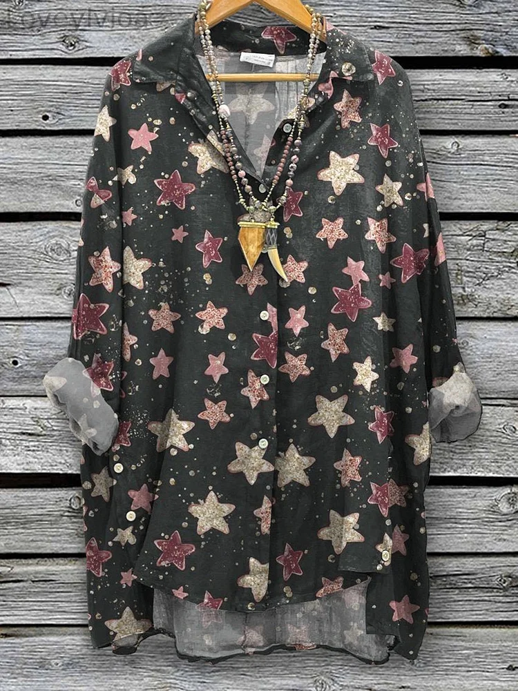 Women's Stars Print Casual Cotton And Linen Shirt