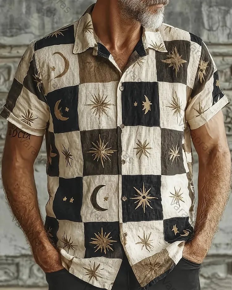 Men's Summer Star and Moon Print Embroidered Casual Linen Short-Sleeve Shirt 7039