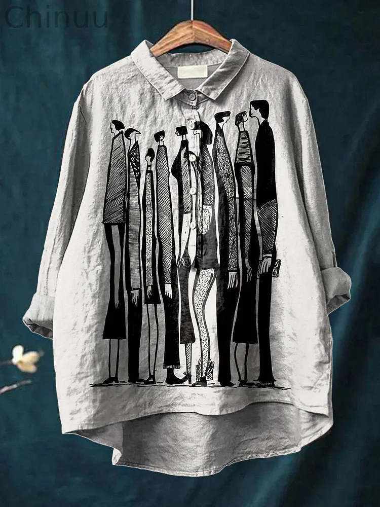 Life In The City Art Printed Women's Casual Cotton And Linen Shirt