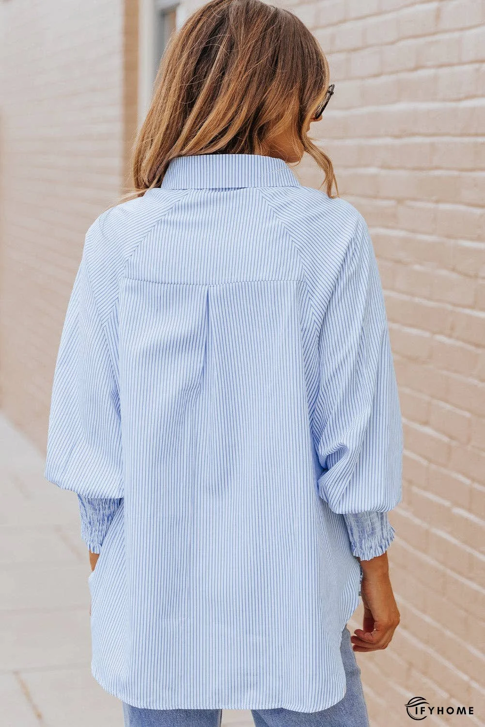 Striped Lantern Sleeve Collared Shirt | IFYHOME
