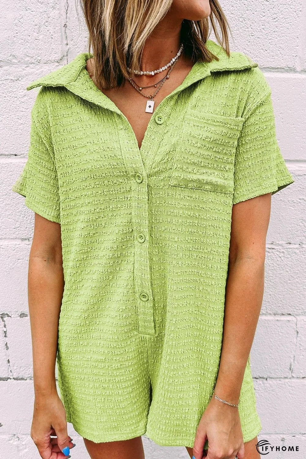 Textured Short Sleeve Patched Pocket Buttoned Romper | IFYHOME