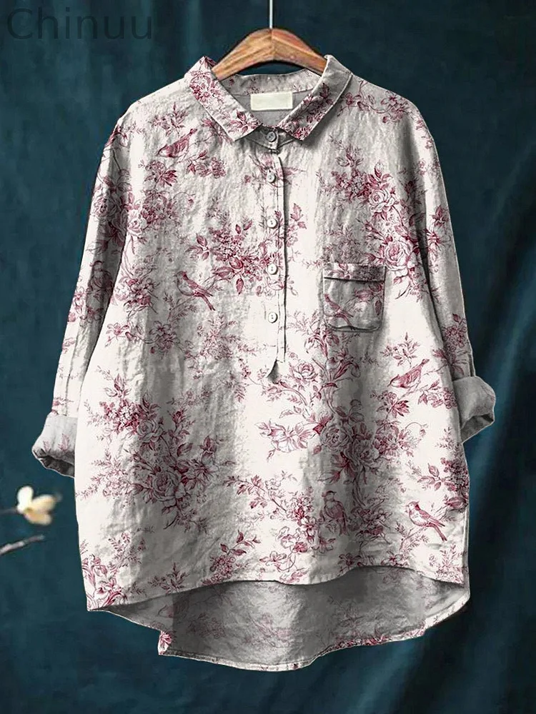 Women's Red Flower and Bird Print Casual Cotton And Linen Shirt