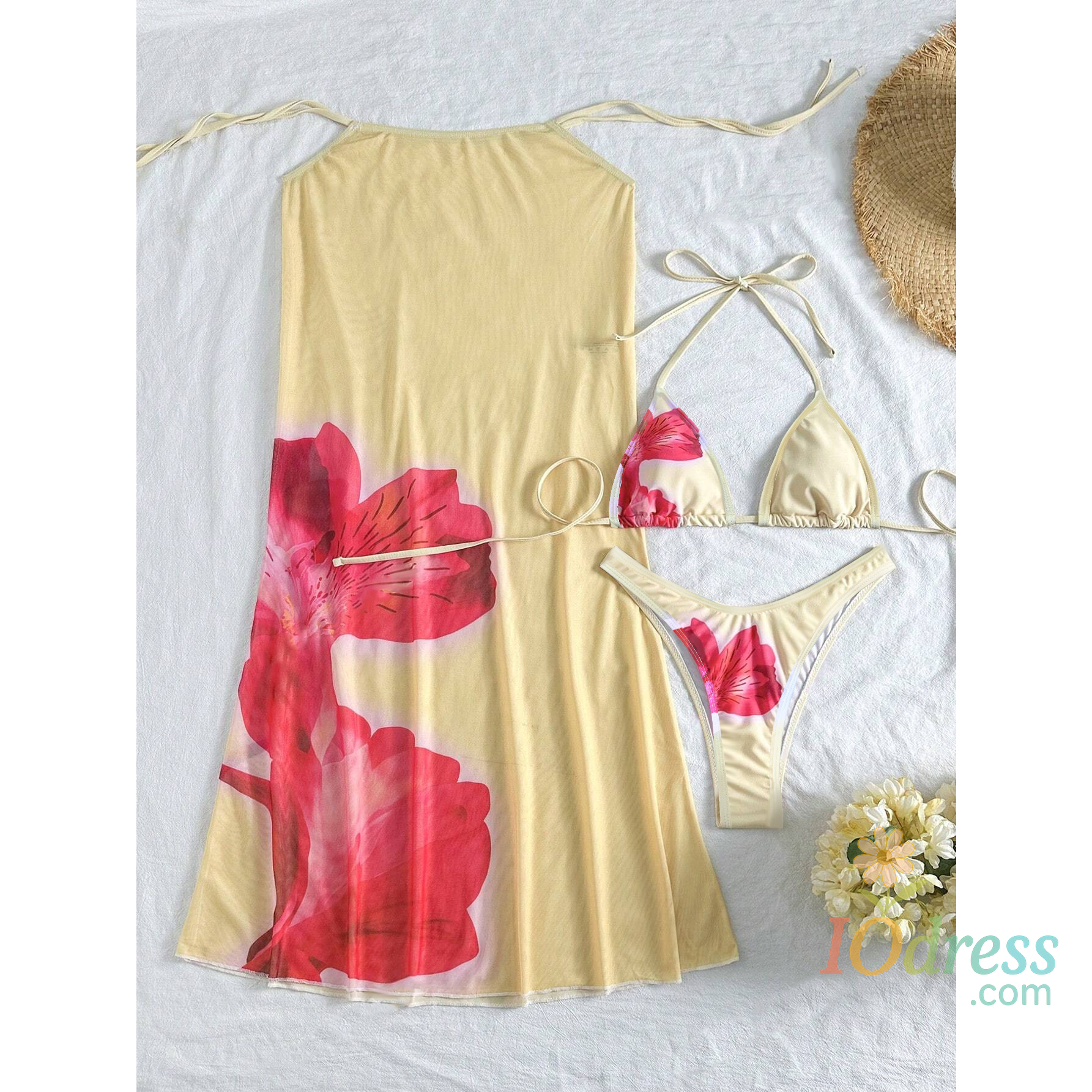 IO Dress Holiday Mesh Long Skirt 3 Piece Bikini Set 2025 Women Yellow Floral Print Push Up 3D Flower Swimsuit Beach Bathing Suit Swimwear