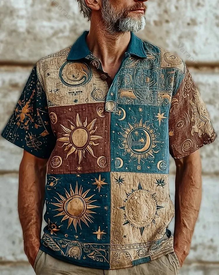 Men's Summer Star and Moon Print Embroidered Casual Linen Short-Sleeve Polo Shirt 3980